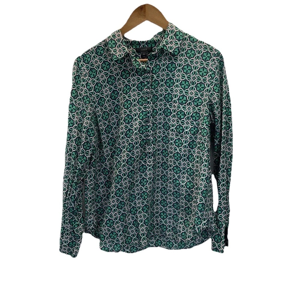 J. Crew Womens Top Size 12 Green Blue Printed Tunic Shirt Long Sleeve Silk Blnd